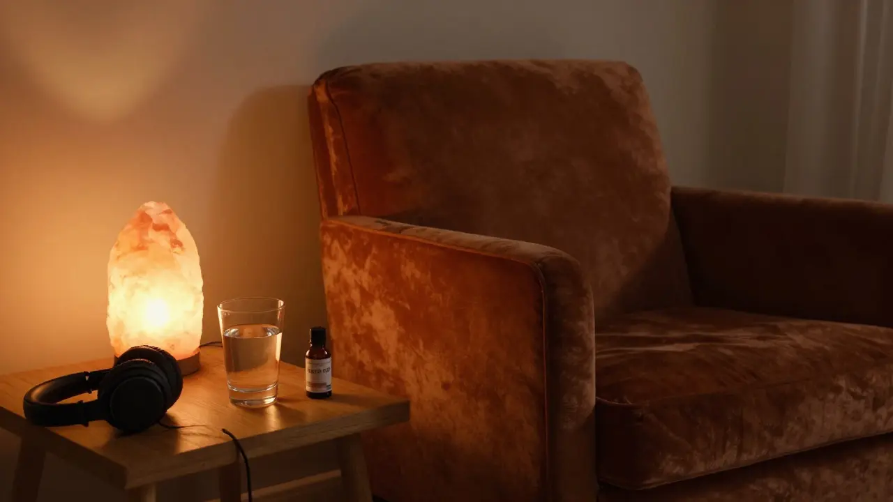 Klidný koutek s vodou a CBD olejem pro relaxaci a pocit bezpečí.