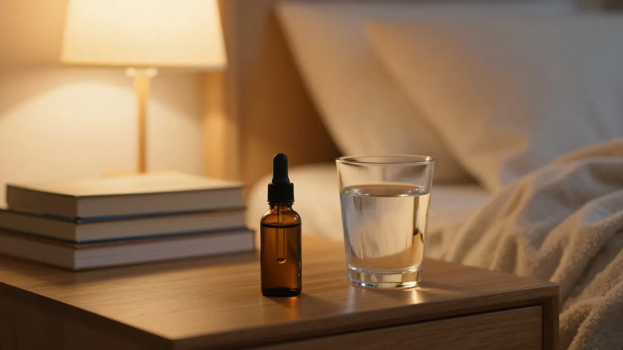 Klidný večerní rituál s lahvičkou CBN oleje na nočním stolku u teplého světla lampy.