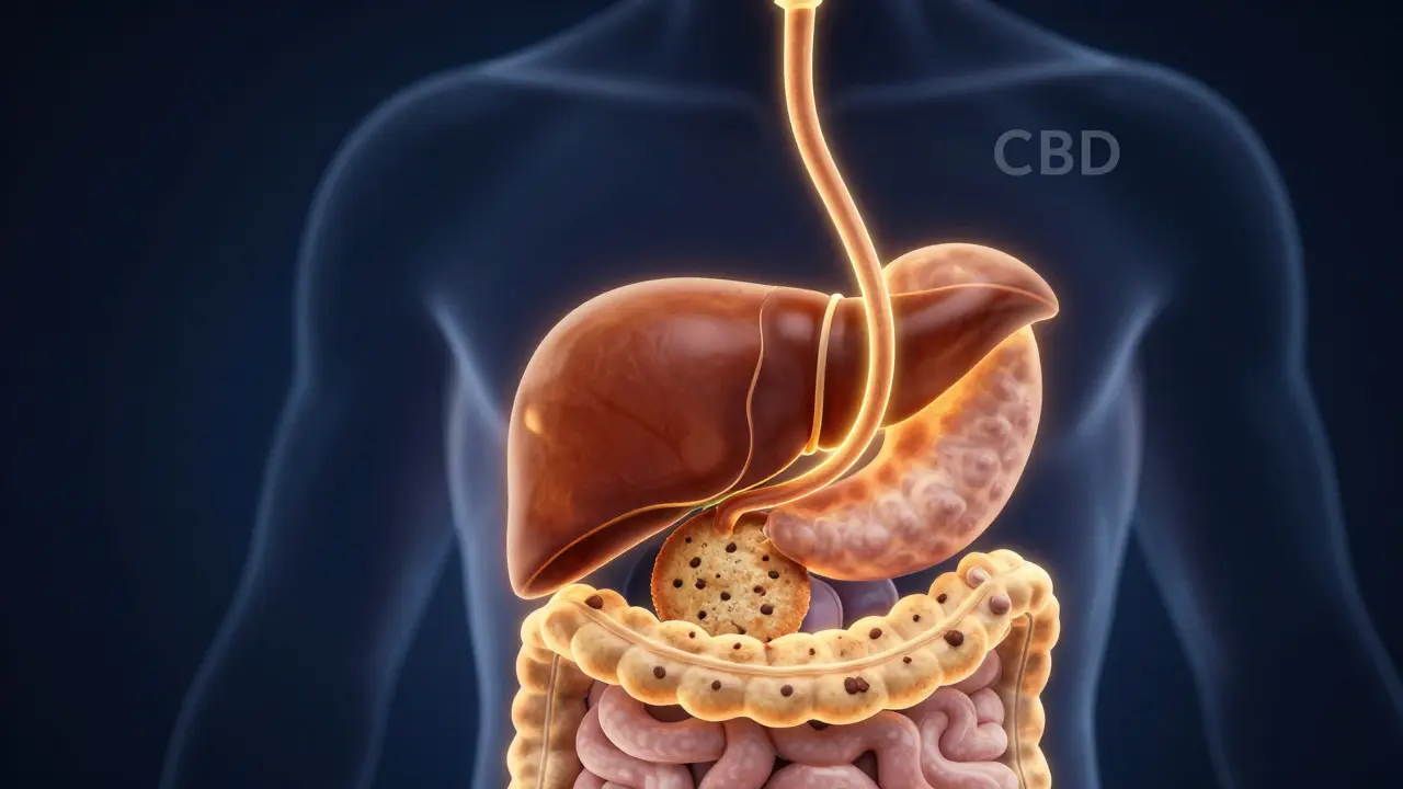 Koncepční ilustrace cesty CBD z trávicího traktu přes játra do organismu.