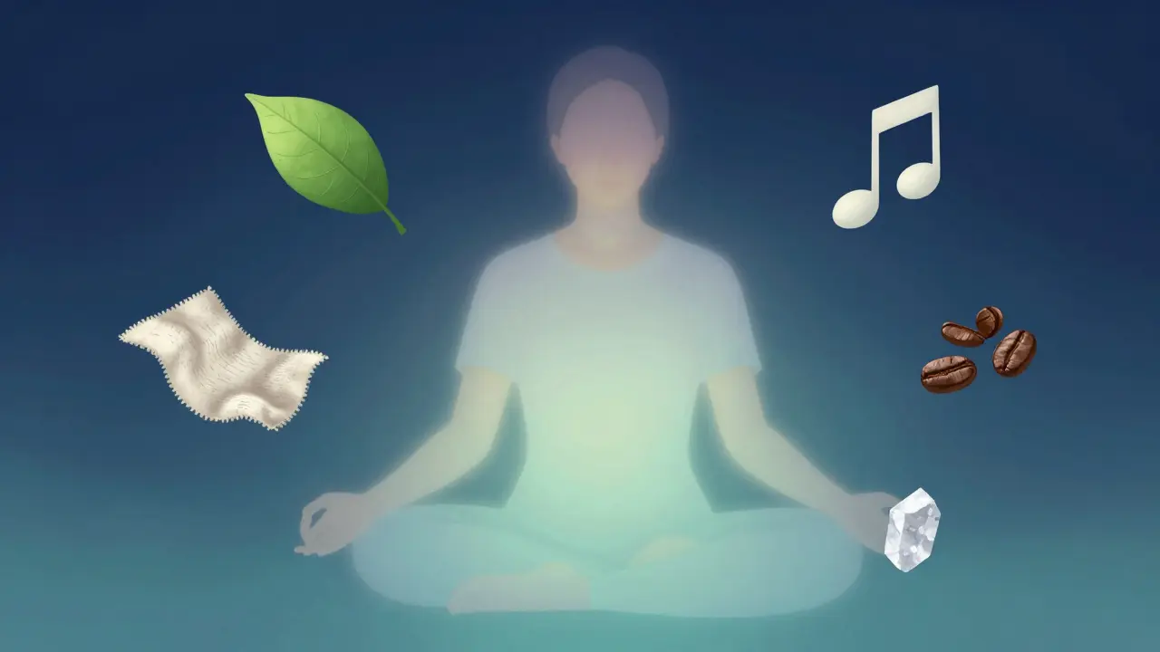 Konceptuální ilustrace člověka využívajícího techniku uzemnění 5-4-3-2-1.