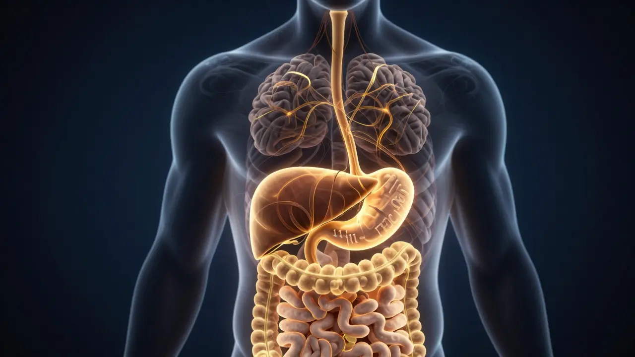 Konceptuální ilustrace vstřebávání THC v trávicím traktu a játrech.