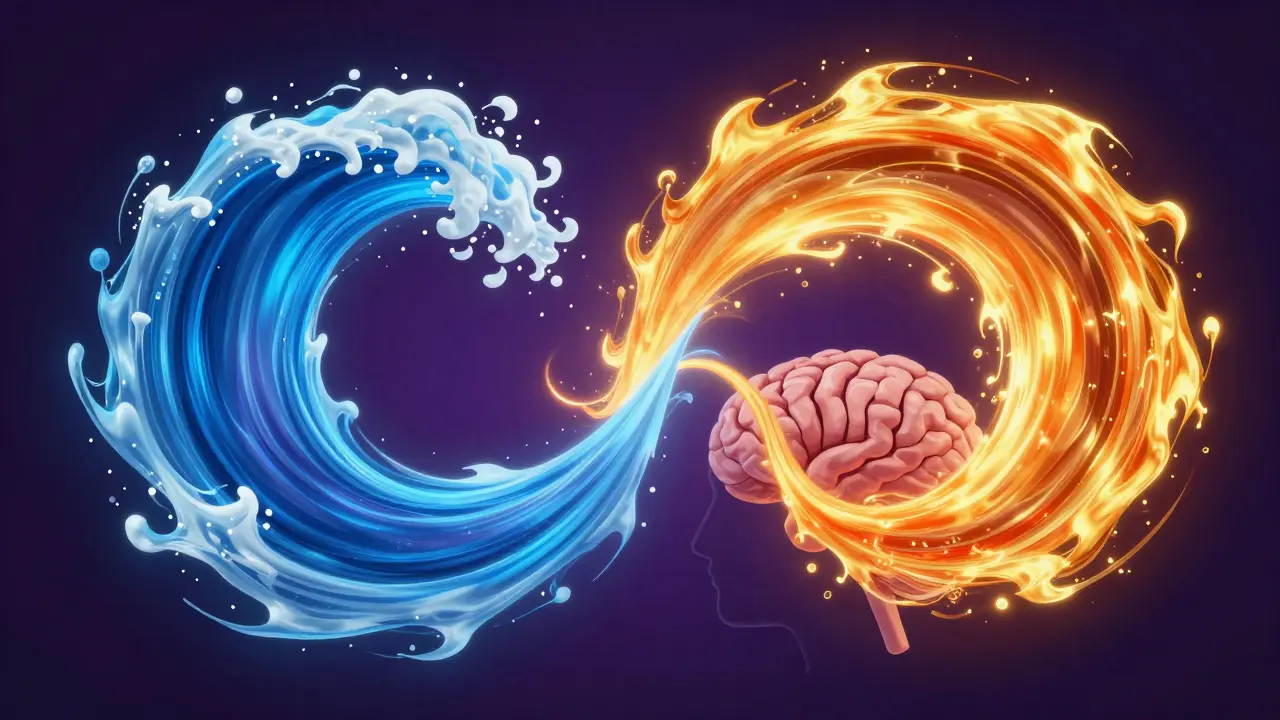 Konceptuální ilustrace vyvažující uklidňující modrou vlnu CBD a energickou zlatou spirálu Delta.