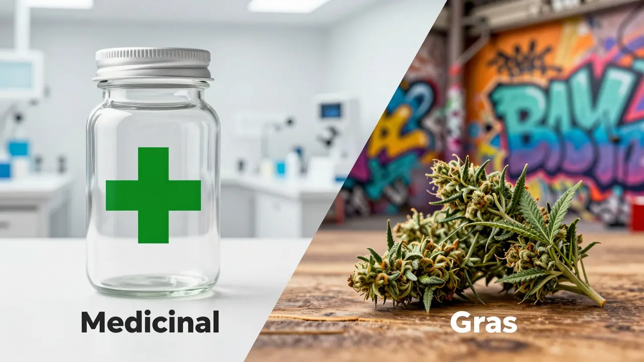 Konceptuální obraz srovnávající medicínské konopí a ulicí.