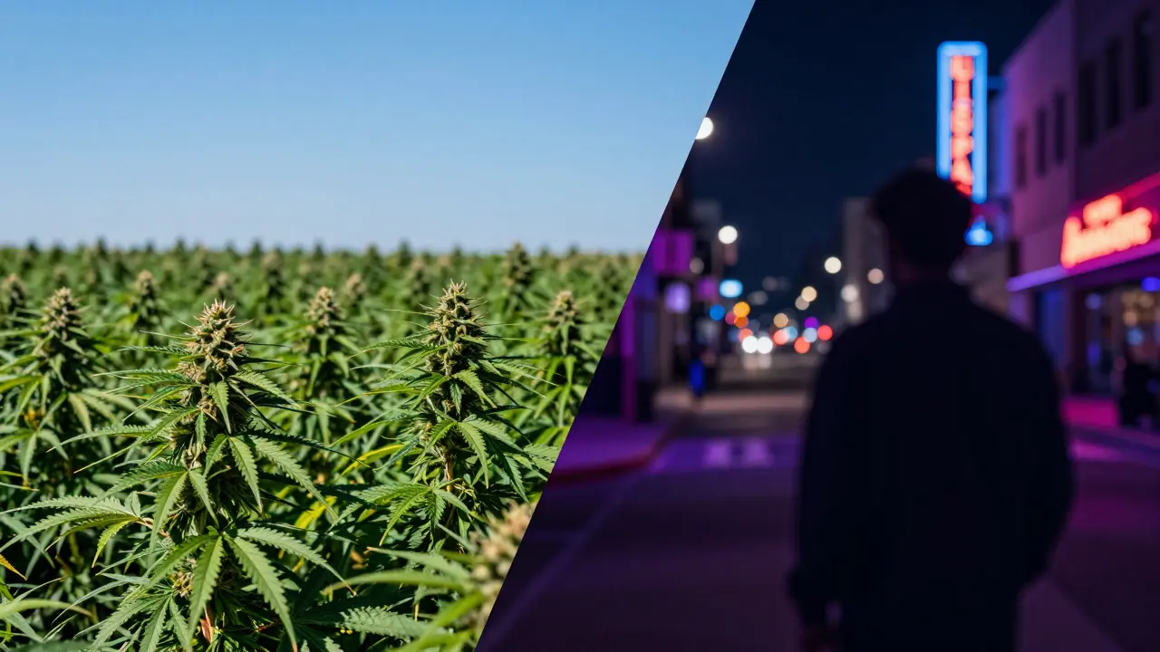 Konceptuální obraz znázorňující rozdíl mezi legálním konopím a marihuanou v USA.