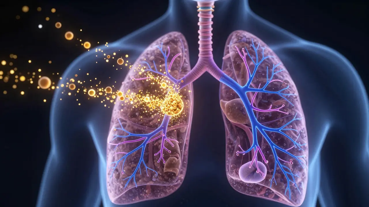 Konceptuální znázornění absorpce CBD z plic do krevního oběhu.