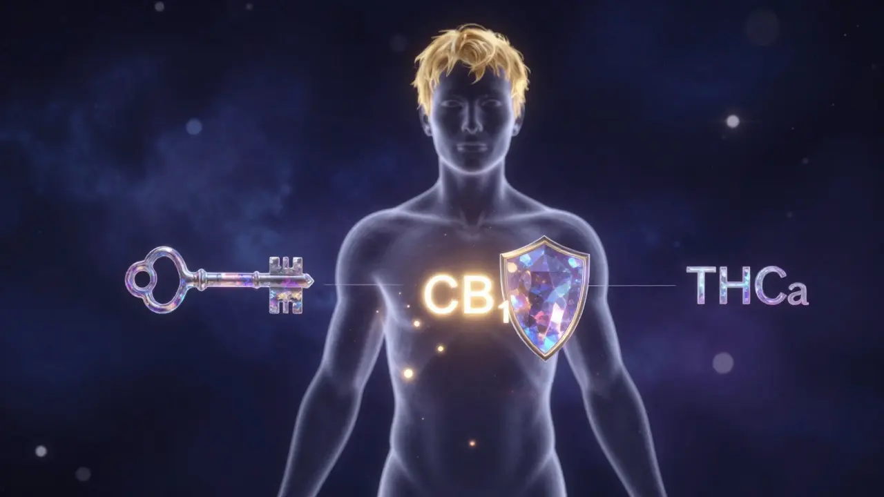 Konceptuální znázornění receptorů v lidském těle s krystalickými klíči kanabinoidů.