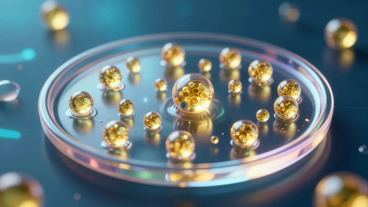 Konceptuální zobrazení nanoemulze konabinoidů v tekutině pro lepší vstřebávání.