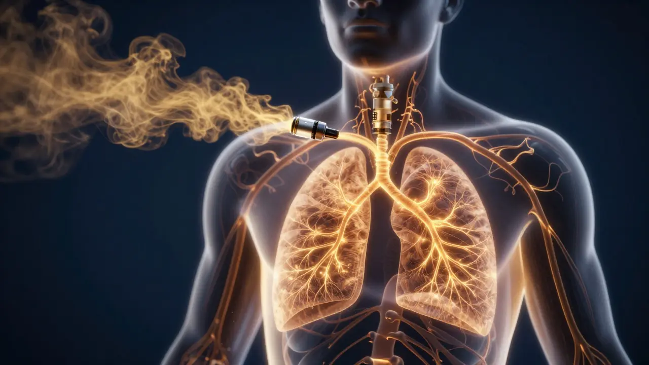 Konceptuální zobrazení vstřebávání CBD páry do krevního oběhu.