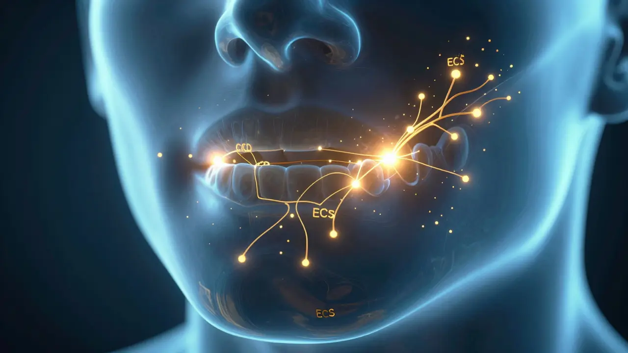 Konceptuální zobrazení vstřebávání CBD receptorů v ústní dutině.