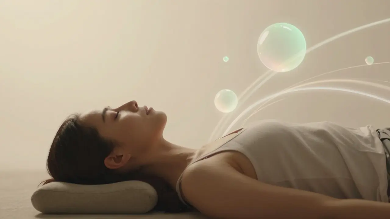 Kresba člověka v hlubokém relaxu s abstraktními prvky klidu