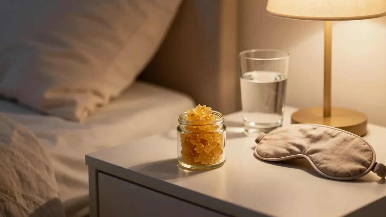 Křišťálový CBD crumble v glass sklenici na nočním stolku vedle spánkové masky.