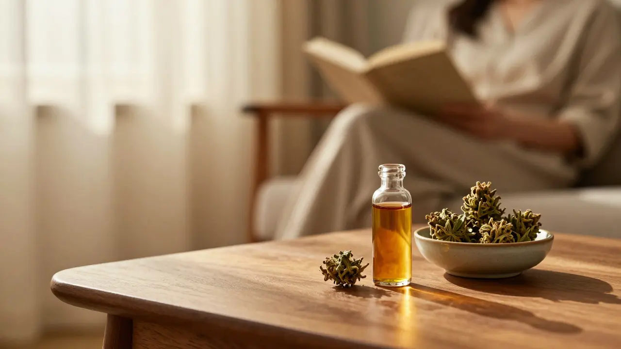 Kvítky konopí a lahvička s olejem na stole v útulném, slunečném obývacím pokoji.