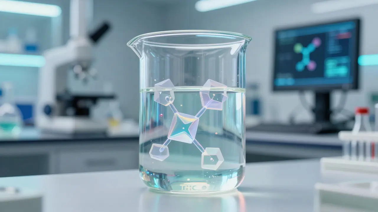 Laboratorní prostředí s průhlednou tekutinou THC-O a chemickými strukturami.