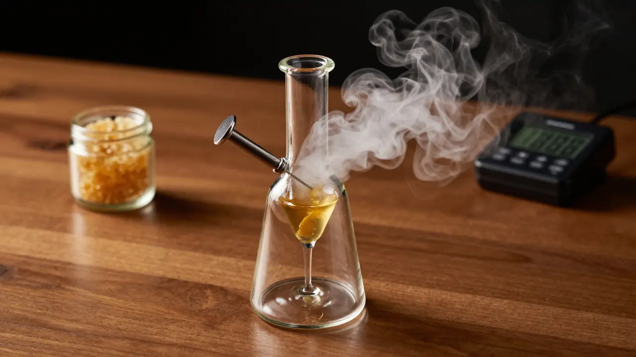 Moderní dabbing zařízení s rozprouděným koncentrátem a hustým bílým párem.