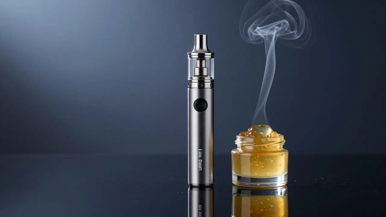 Moderní vape pen a zlatý koncentrát Live Resin na reflexním černém povrchu.