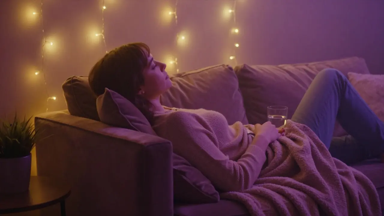 Osoba relaxující na pohovětce v útulné atmosféře s teplým osvětlením.