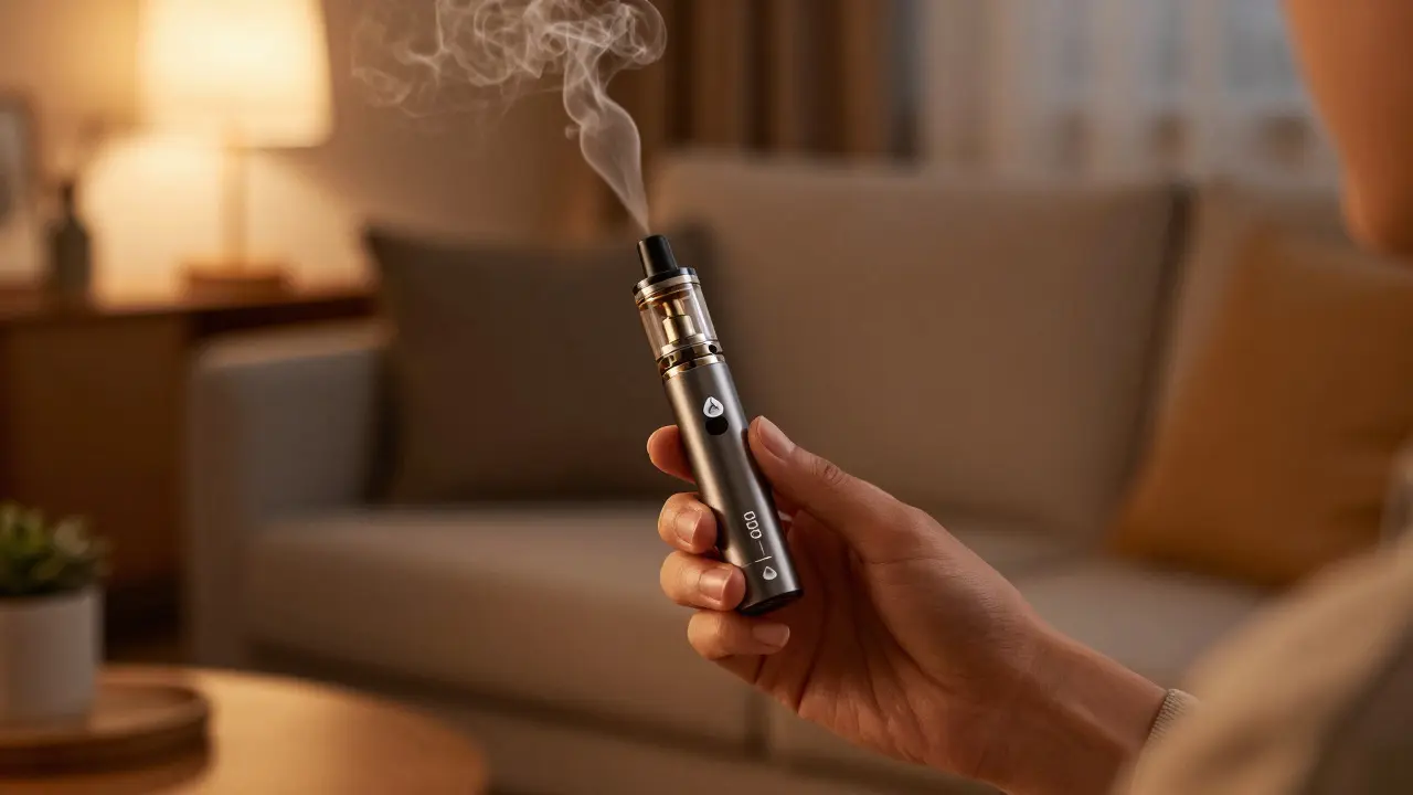 Ruka drží CBD vaper v útulném obývacím pokoji při večerní relaxaci.