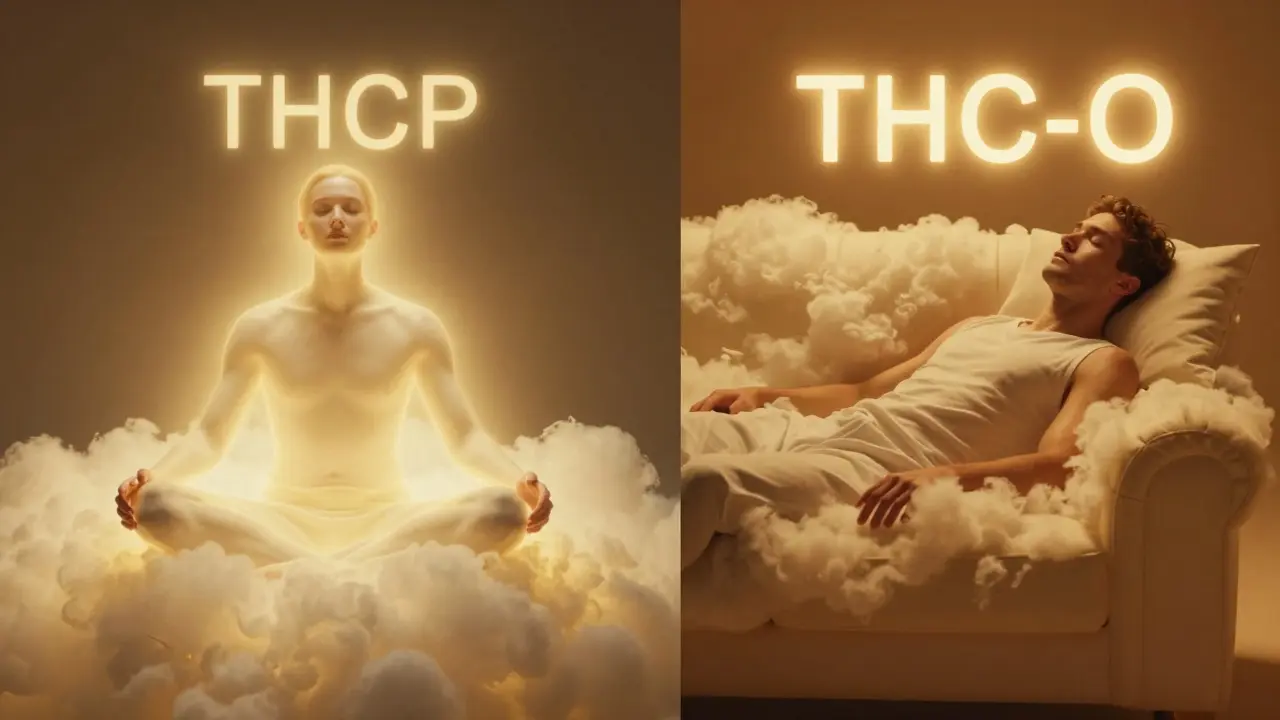 Srovnání účinků THCP a THC-O znázorněné jako mentální hloubka versus fyzické uvolnění.