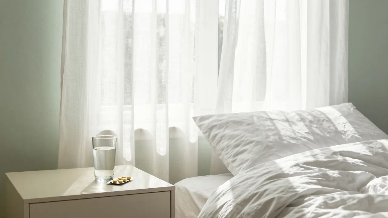 Svěží ranní probuzení v prosvětlenéložnici symbolizující čistou mysl bez ospalosti.