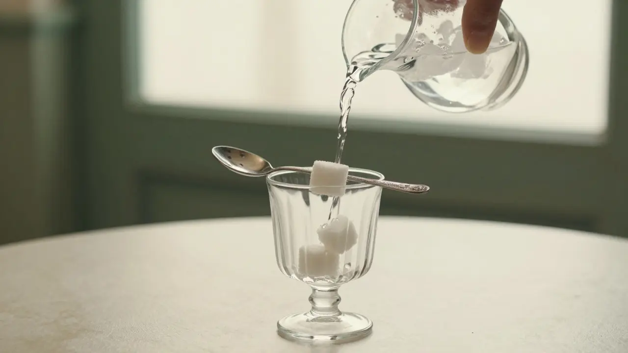 Tradiční absintový rituál s lžičkou, kostkou cukru a sklenicí nápoje.