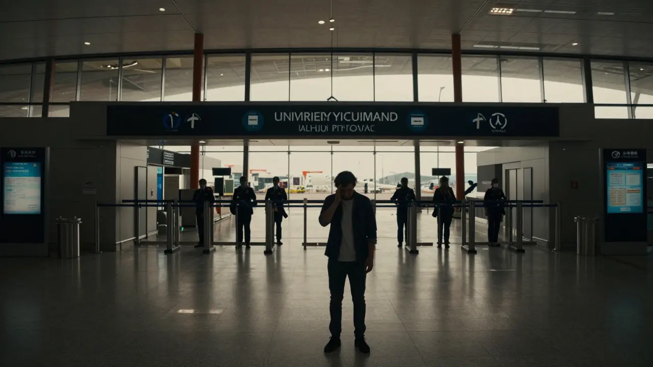 Úzalý cestovatel v mezinárodním terminálu letiště před celní kontrolou.