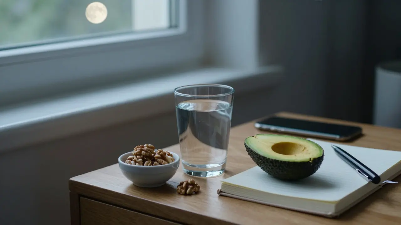 Zdravá večerní rutina s vlašskými ořechy, vodou a vypnutým telefonem na nočním stolku.