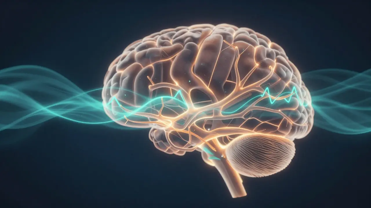 Abstraktní ilustrace účinku CBD na serotoninové receptory v mozku