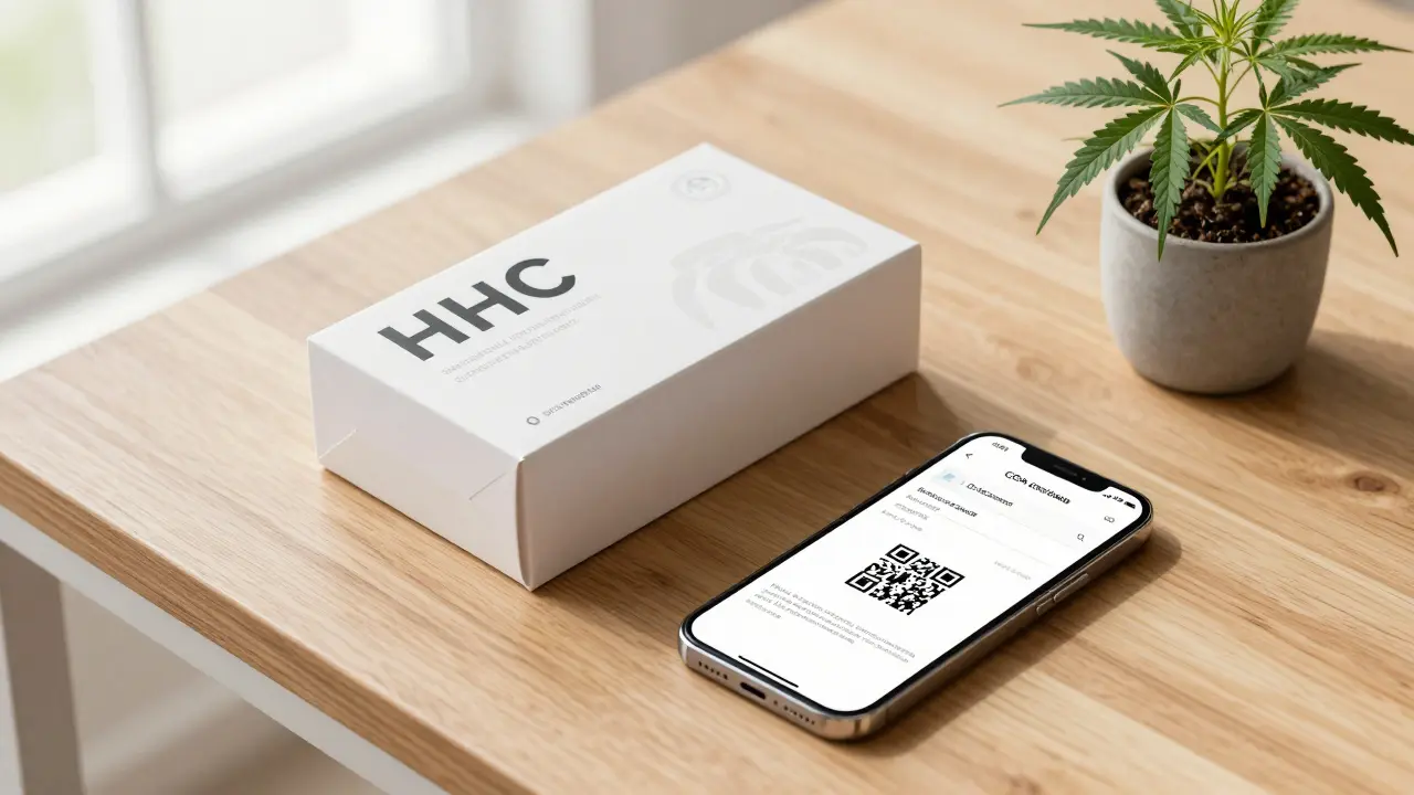 Balení HHC produktu s QR kódem pro ověření kvality