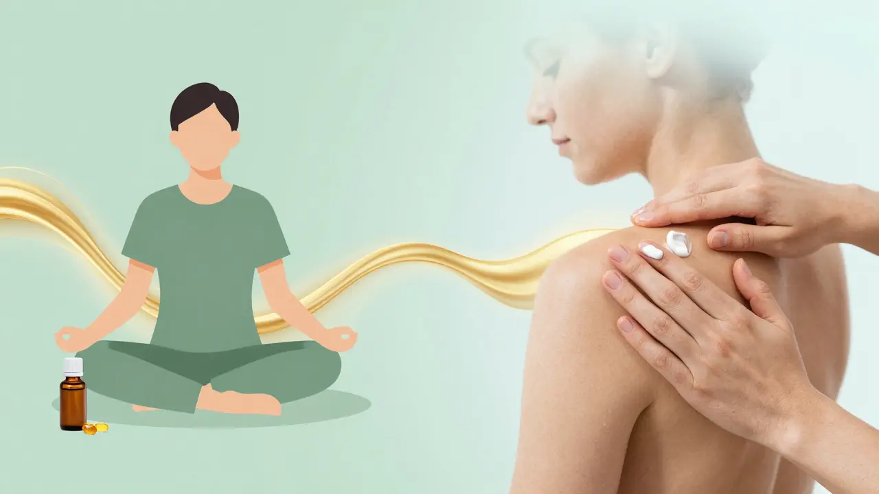 Ilustrace kombinující meditaci a masáž pro celkovou úlevu od stresu.