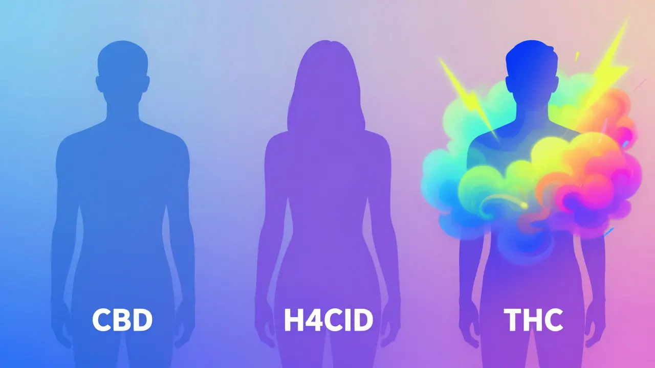 Konceptuální porovnání účinků CBD, THC a H4CBD