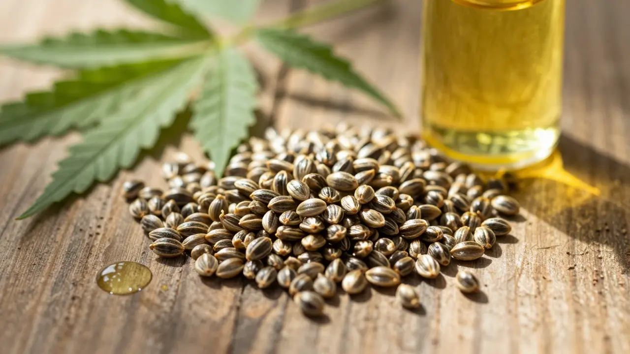 Konopná semínka a CBD olej na dřevěném stole