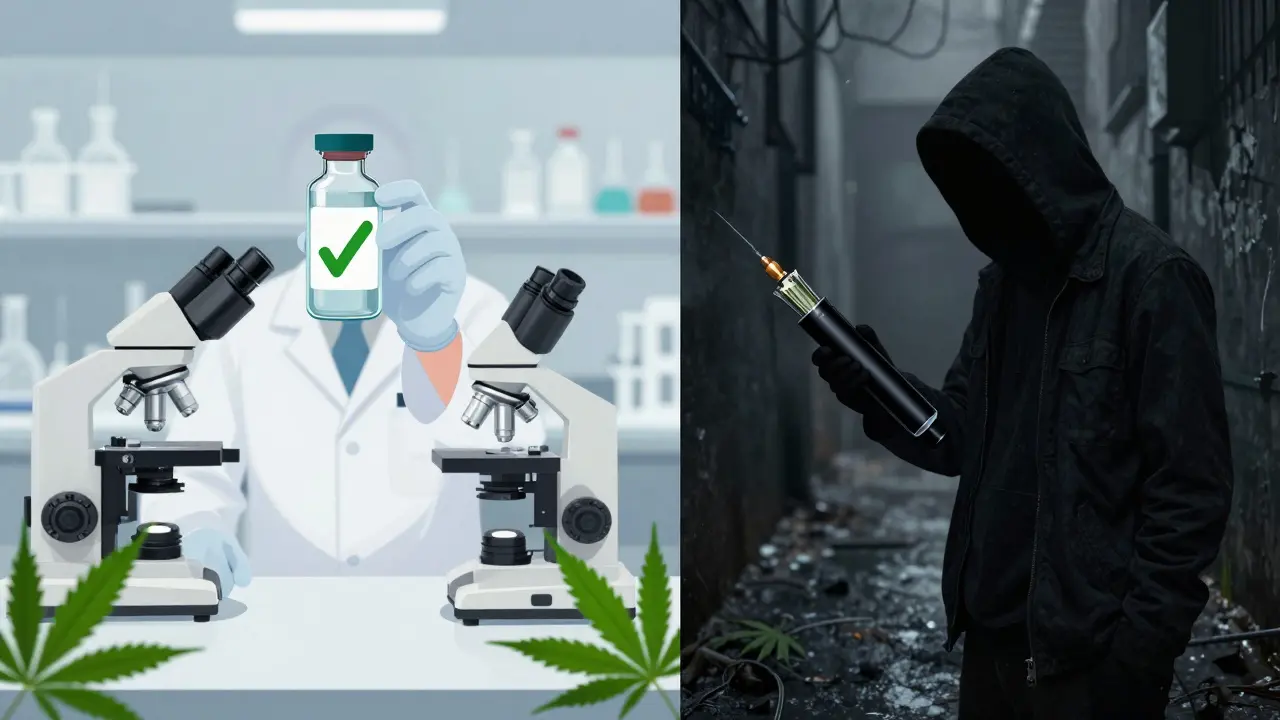 Kontrast mezi legální laboratoří CBD a nelegálním černým trhem