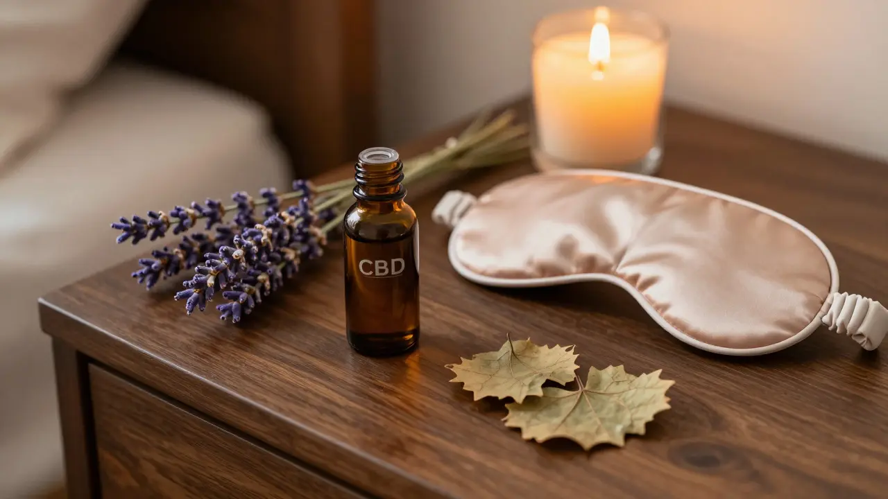 Lahev CBD oleje, levandule a svíčka pro relaxaci