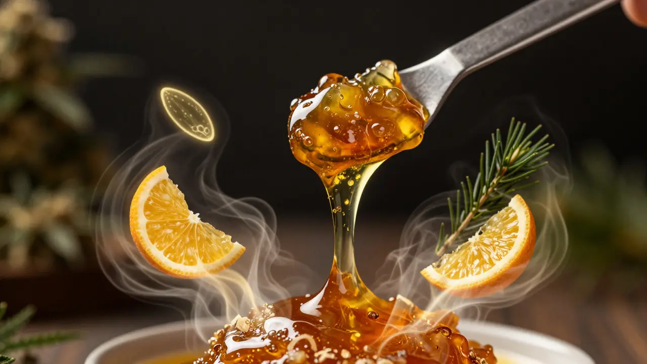 Makro záběr na zlatožlutý konopný koncentrát a aromatické páry