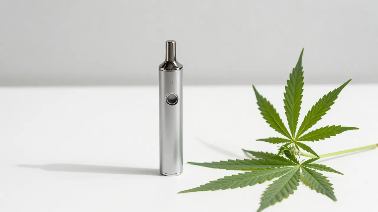 Moderní vaporizér vedle čerstvých konopných listů na bílém pozadí