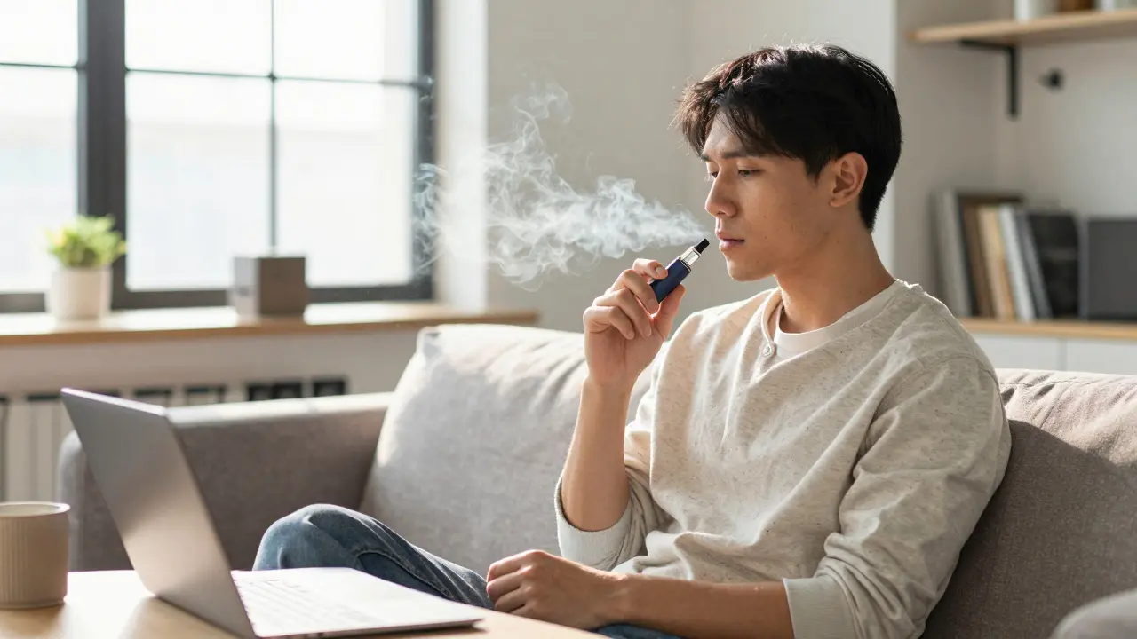 Profesionál relaxující v kanceláři s diskrétním používáním vape