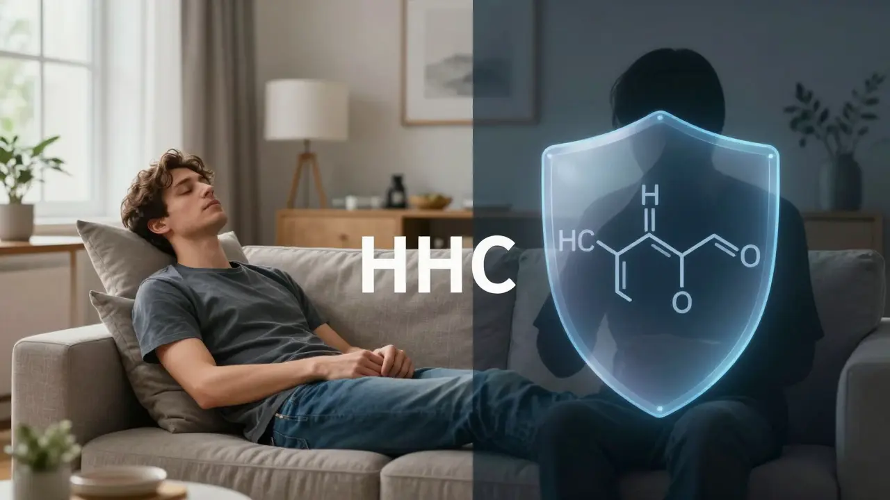 Relaxovaná osoba v klidném interiéru představující jemný účinek HHC