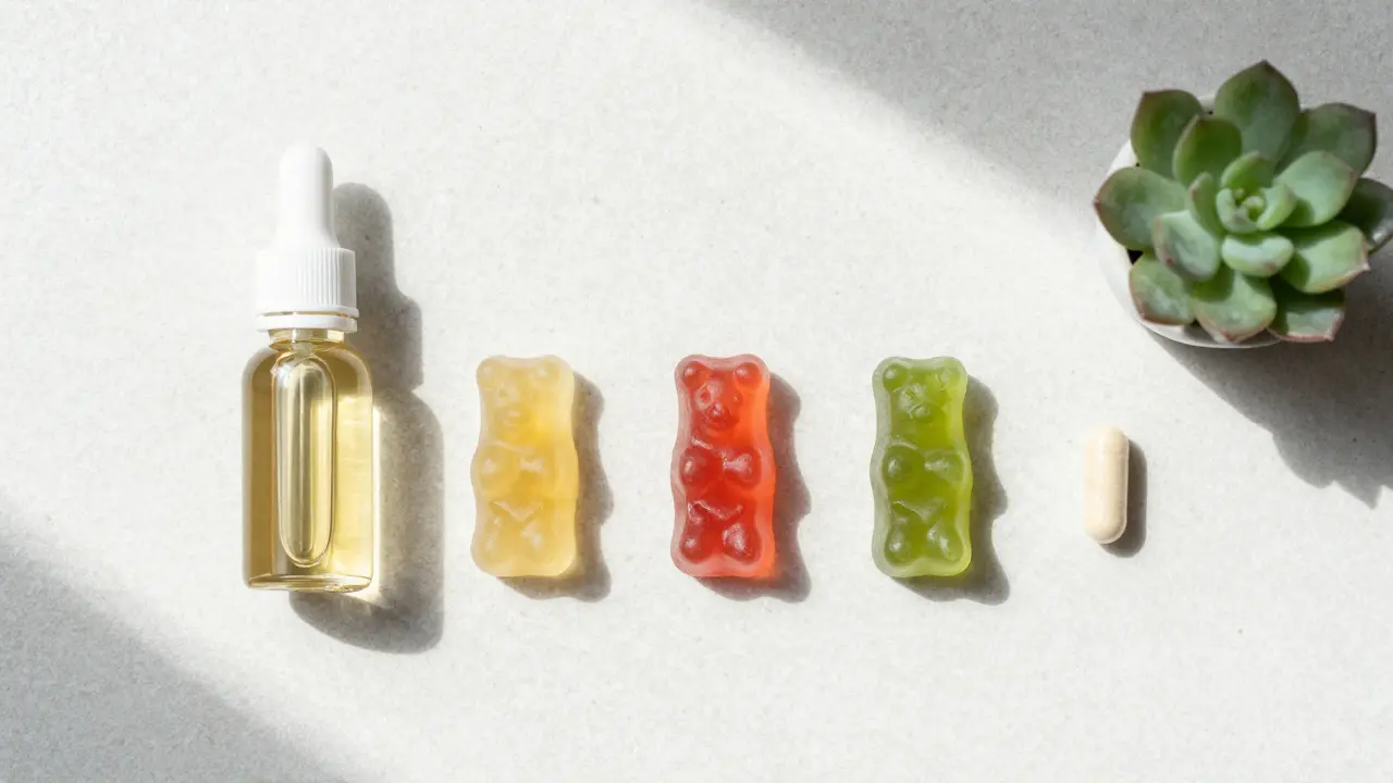 Různé formy CBD: olej, medvídky a kapsle na bílém pozadí
