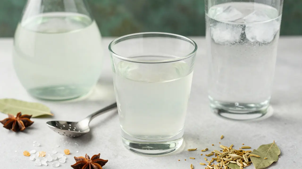 Sklenice mléčně bílého absintu vedle lžíce a bylinek na dřevěném stole