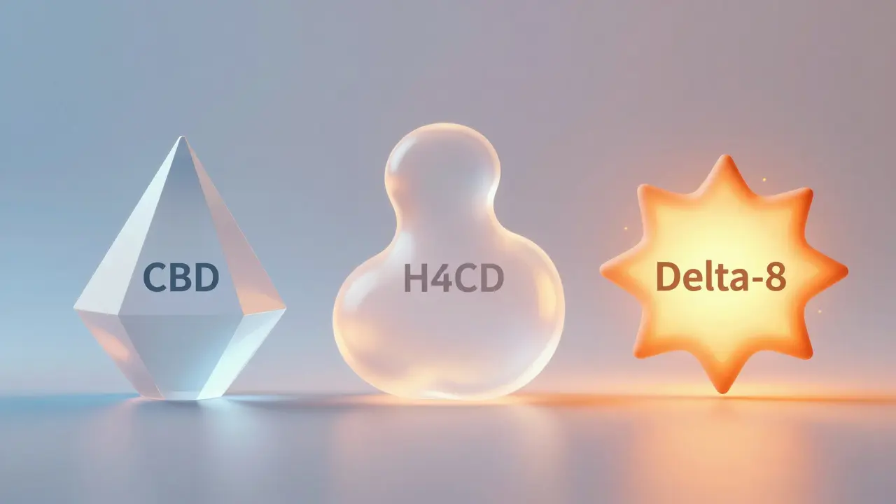 Abstract 3D shapes representing CBD, H4CBD, and Delta-8 effects