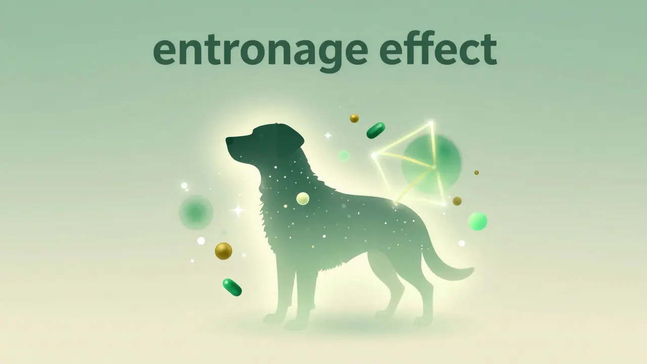 Abstraktní ilustrace entourage efektu CBD s klidným psem obklopeným zeleno-zlatou září.