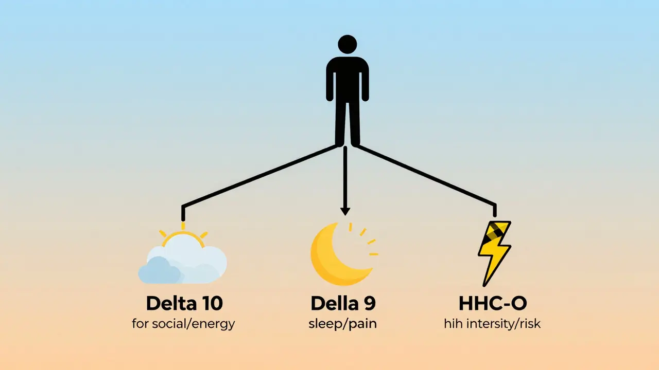 Abstraktní rozhodovací strom pro výběr správného kanabinoidu podle potřeb uživatele.