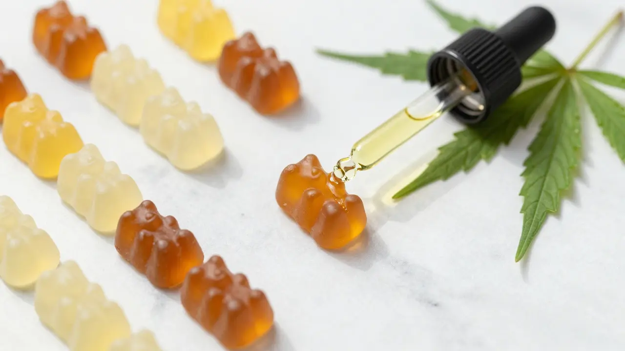 CBD gumičky a olej s vizualizací hnědého tuku