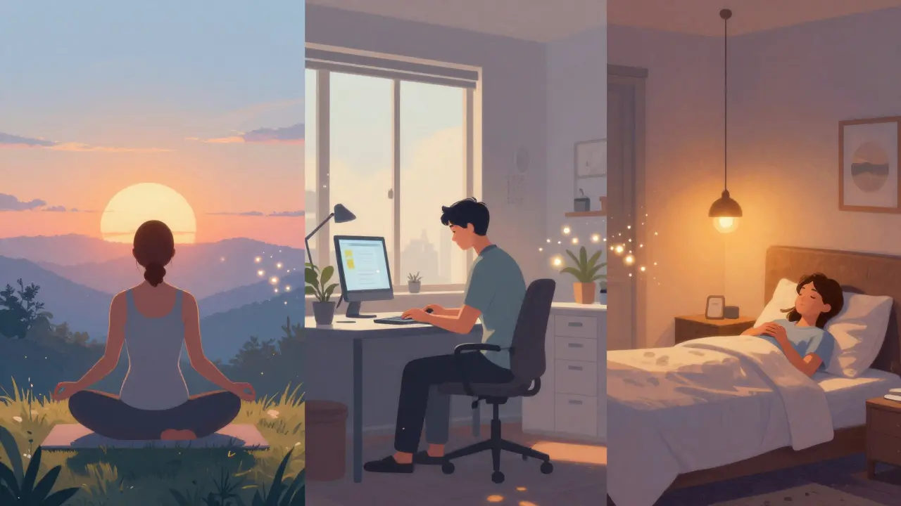 Ilustrace denního cyklu užívání CBD od rána do večera