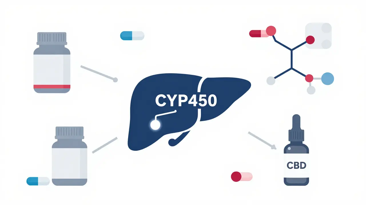 Ilustrace interakce CBD s jaterními enzymy a jinými léky