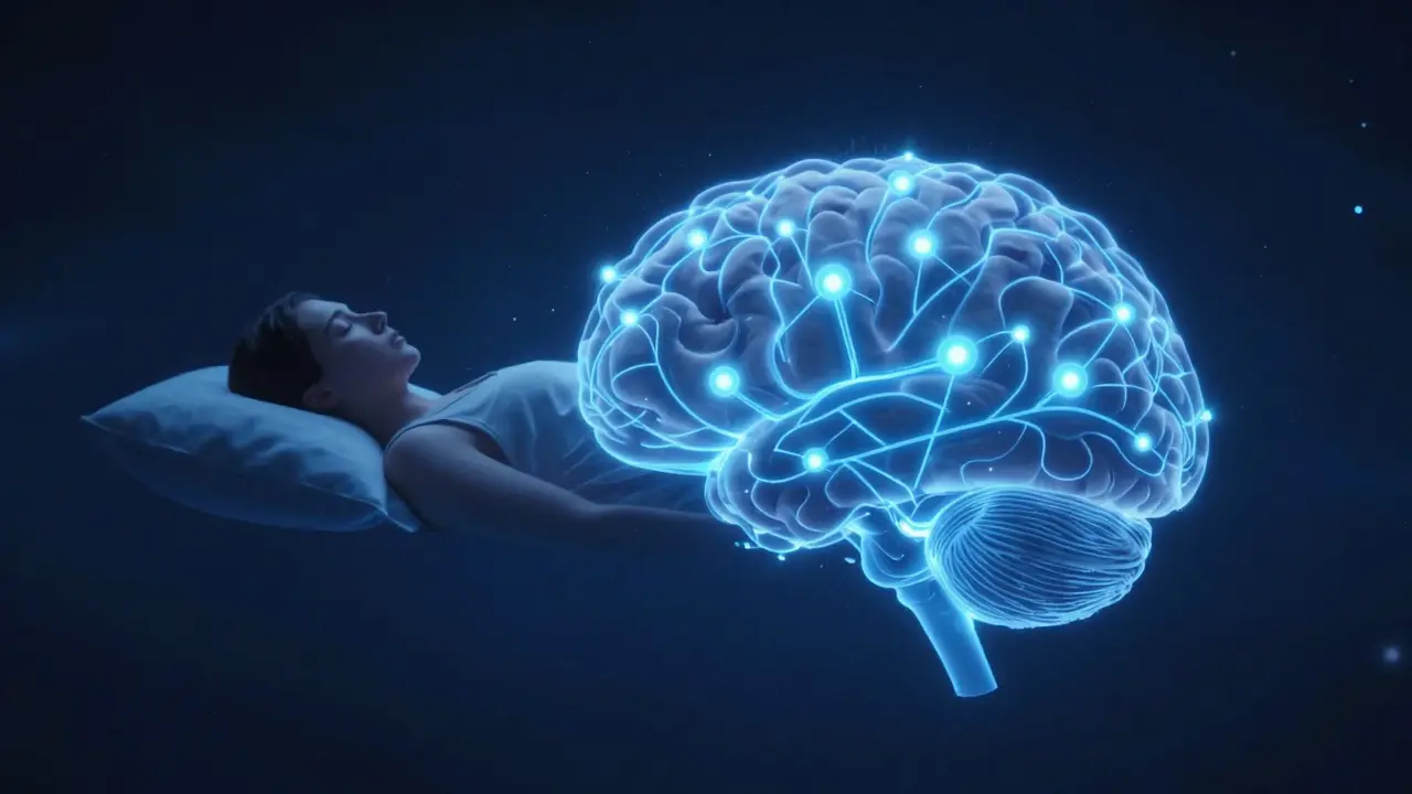 Ilustrace spícího člověka s zářícími neuronovými spojeními