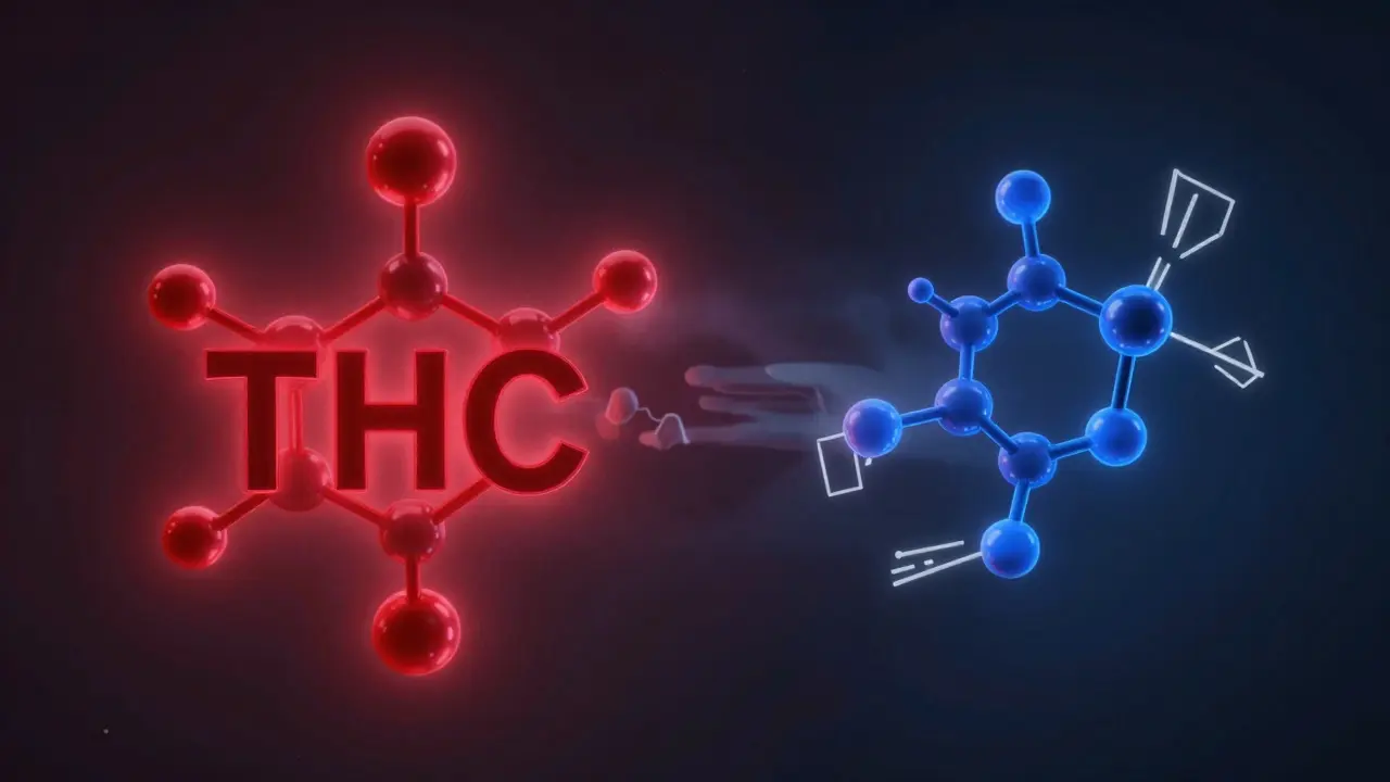 Konceptuální srovnání molekul THC a THCV v tmavém prostoru