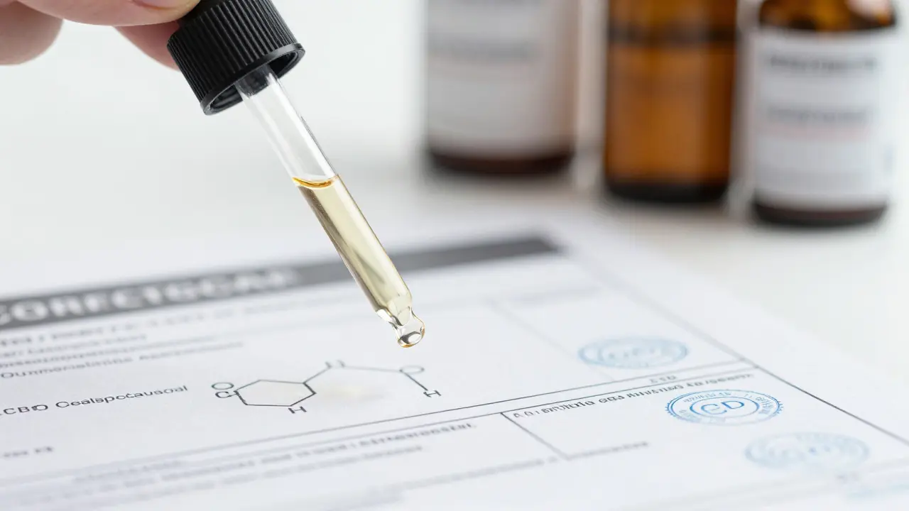 Kvalitní CBD olej vedle certifikátu analýzy v laboratoři