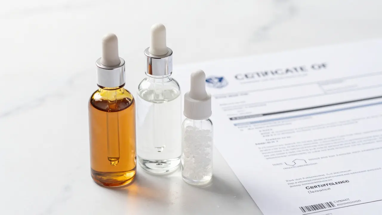 Lahvičky s CBD olejem a certifikát analýzy na čistém podkladu