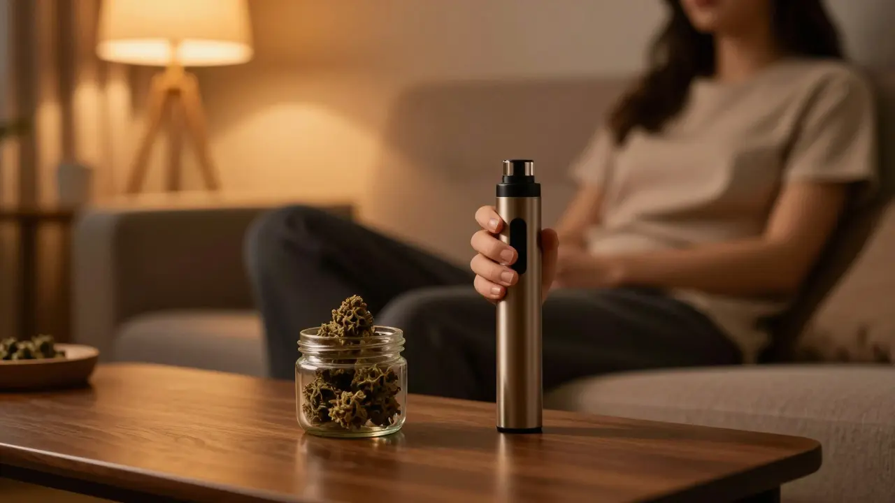 Osoba relaxující s vaporizérem ve večerním klidu